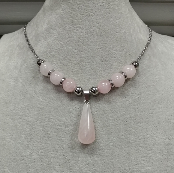 Rose Quartz Beaded Necklace Natural Gemstone Crystal Pendant Stainless-Steel - Picture 7 of 14